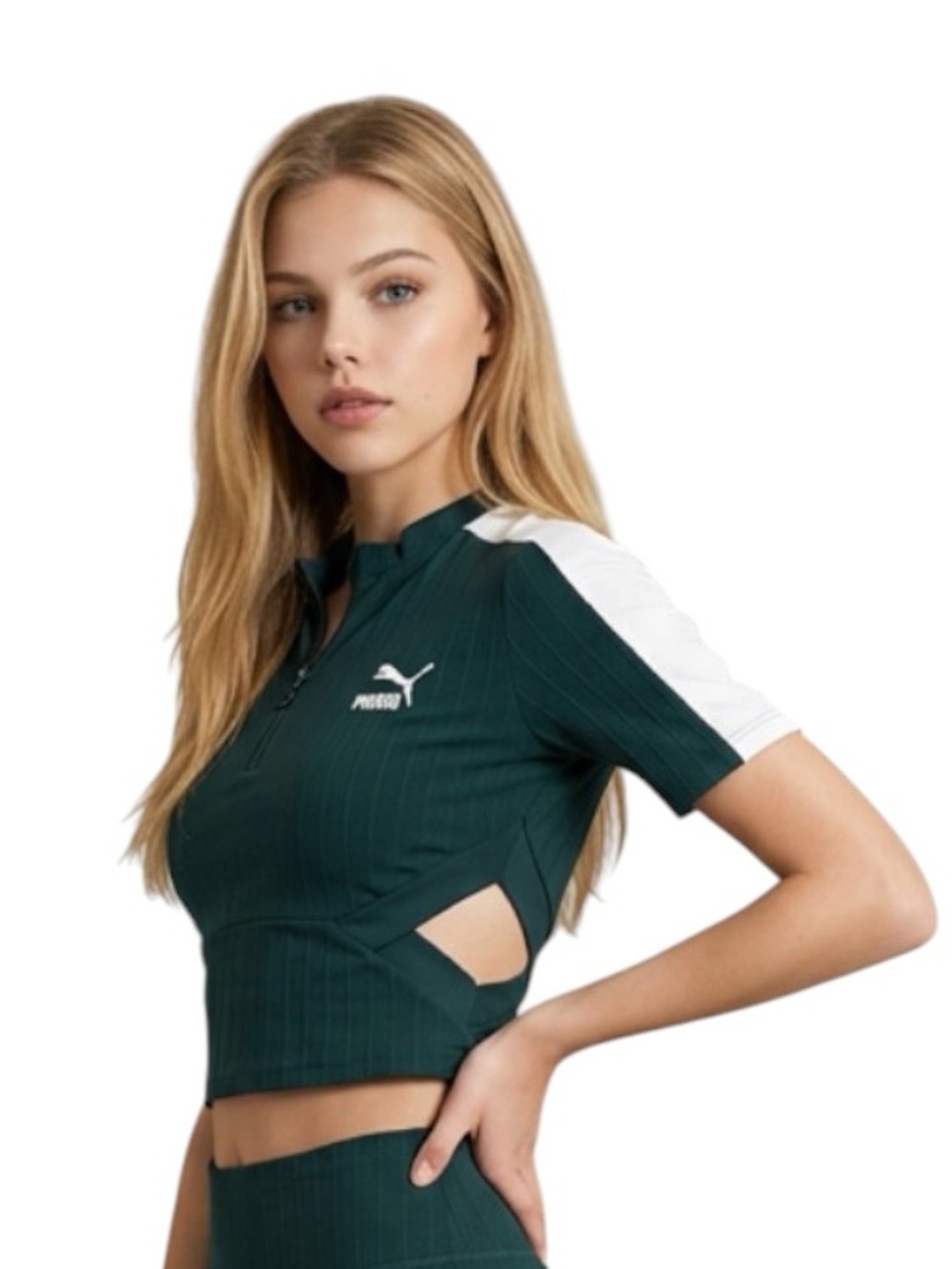 Puma Women's Forest Green Half-Zip Crop Top with Cut Out Accents, Size Medium